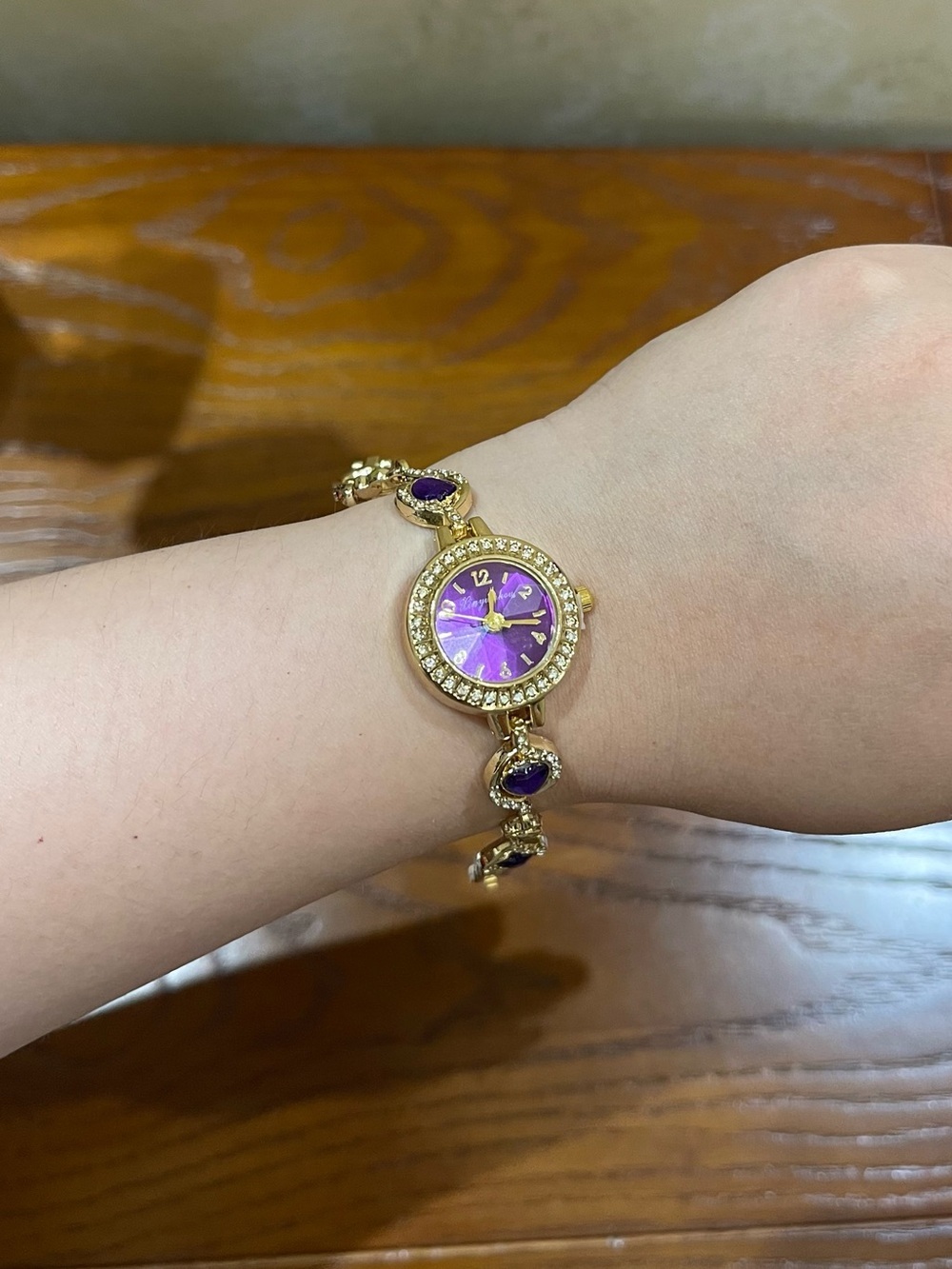 Gold-tone Bracelet Watch with Purple Dial and Gem Accents - battery included